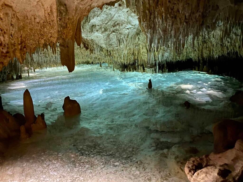 View of the inside of a cave with a small underground lake at Cayman Crystal Caves on Grand Cayman Island