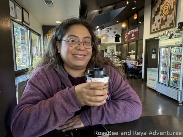 Reya having coffee at Malibu Brew in Atascadero