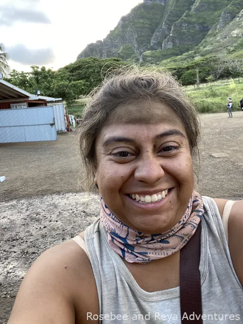 A picture of Reya after a dusty UTV ride at Kualoa Ranch.
