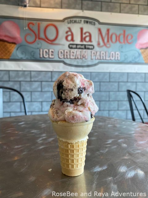 Ice cream cone with Kitty Kitty Bang Bang flavor from Slo a la Mode