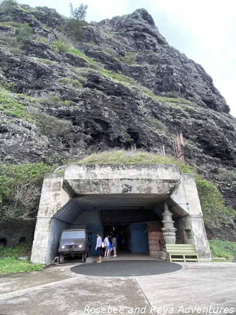 Picture of the entrance to the bunker built into the Kualoa Ranch mountain that has been used for filming and houses some movie and television props.