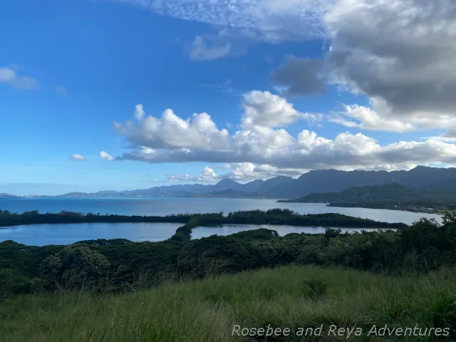 Picture looking out at the Hawaiian Fishponds of Kualoa Ranch, Hawaii's Jurassic Park, and Kaneohe Bay where Secret Island Beach is located