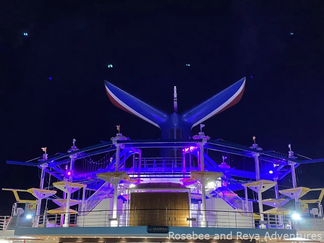 View of the Carnival Radiance funnel at night.