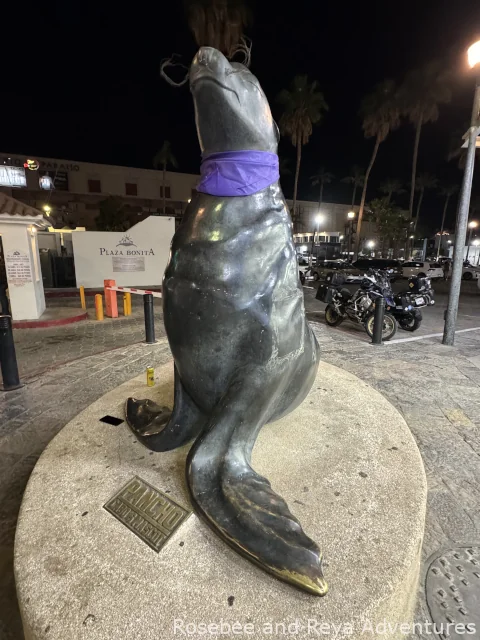 View of the statue of Pancho the sea lion and Cabo's mascot