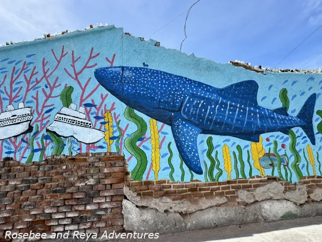 Picture of an art mural in La Paz with a whale shark swimming in the ocean.