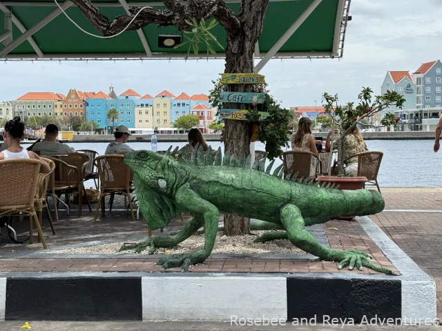 View of an iguana statute at the Iguana Cafe on the Handelskade in Curacao