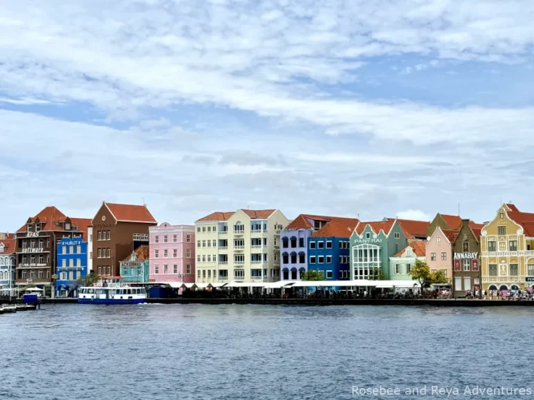 View of the colorful buildings of the Handelskade in Willemstad Curacao