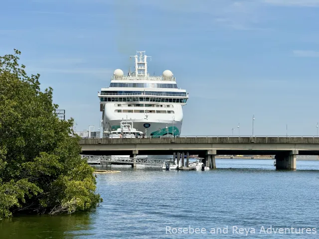 View of cruise ship along the pier at Cotanchobee Park