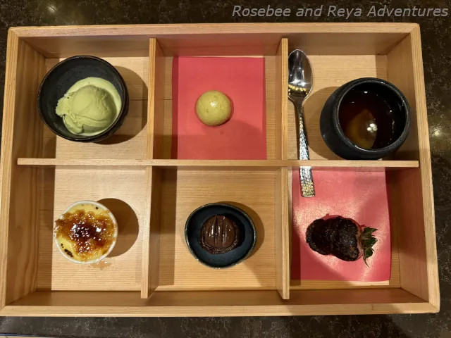 Picture of the six mini desserts that are part of the dessert box at Bonsai Teppanyaki on the Carnival Celebration