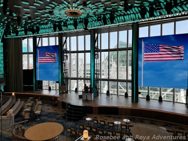 Picture of the central stage in Celebration central with the floor to ceiling windows for people to look out of