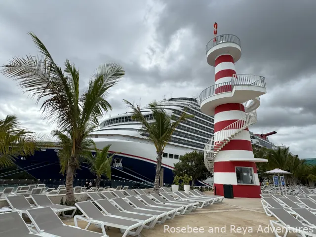 View of the lighthouse with the Carnival Magic in the background at the La Romana Cruise Port