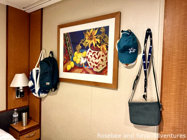 Magnetic hooks on the wall hold a beach bag, backpack, caps, a small purse, and a cruise lanyard.