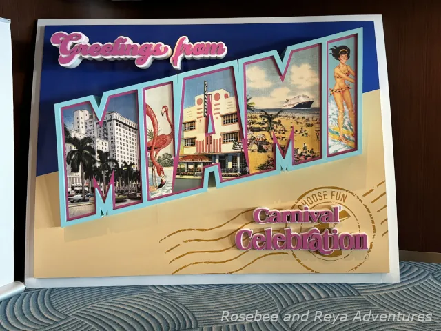 Picture of the Giant Miami Postcard you can find on Deck 8 mid ship on the Carnival Celebration