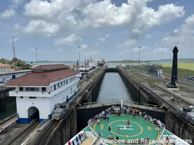 Picture of a cruise ship on a Panama Canal cruise in one of the chambers of the Gatun Locks before entering the Gatun Lake.