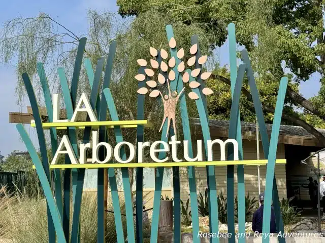 Picture of the LA Arboretum sign near the entrance to the Los Angeles Arboretum and Botanic Garden