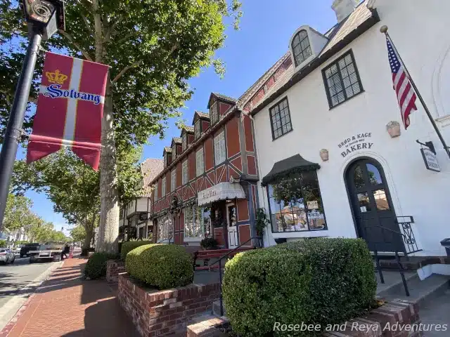 View of shops and a bakery in Solvang, California