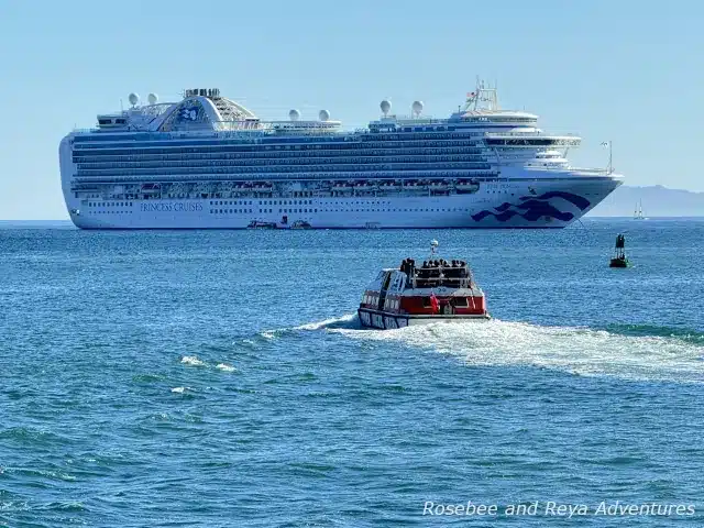 Tender boat headed to cruise ship in Santa Barbara