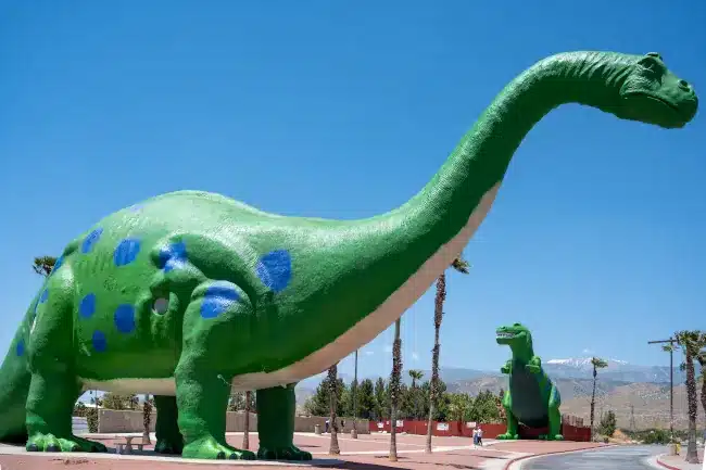 view of dinosaurs at Cabazon Dinosaurs tourist attraction near Palm Springs