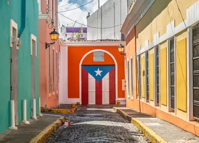 Picture of a populare mural of the Puerto Rican flag painted on a door in a narrow alley referred to as Callejón de la Puerta Bandera