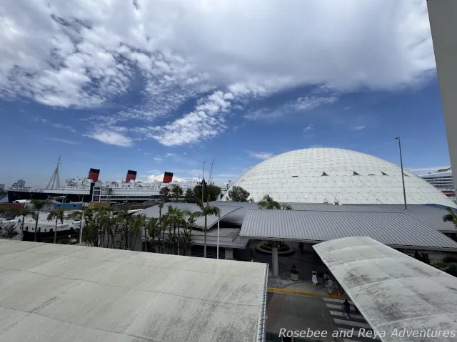 Picture from the parking garage looking out to the Long Beach cruise terminal with the Queen Mary on the left hand side.