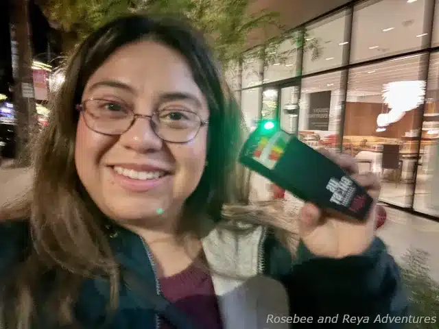 This is a picture of Mireya on the Palm Springs Ghost Tour holding up the EMF reader that was used during the tour.